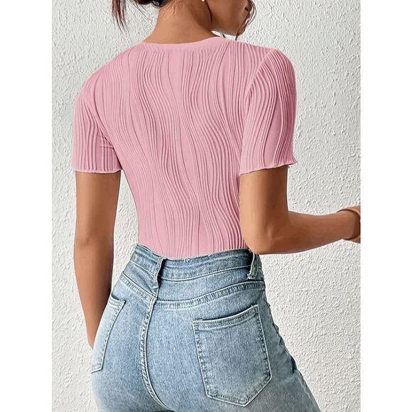 Textured Slim Fit Short Sleeve Shirt Blouse Top - Picture 2 of 3